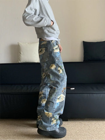 Hip hop trend men and women street personality straight tube flower print washed jeans for couples loose retro casual pants y2k